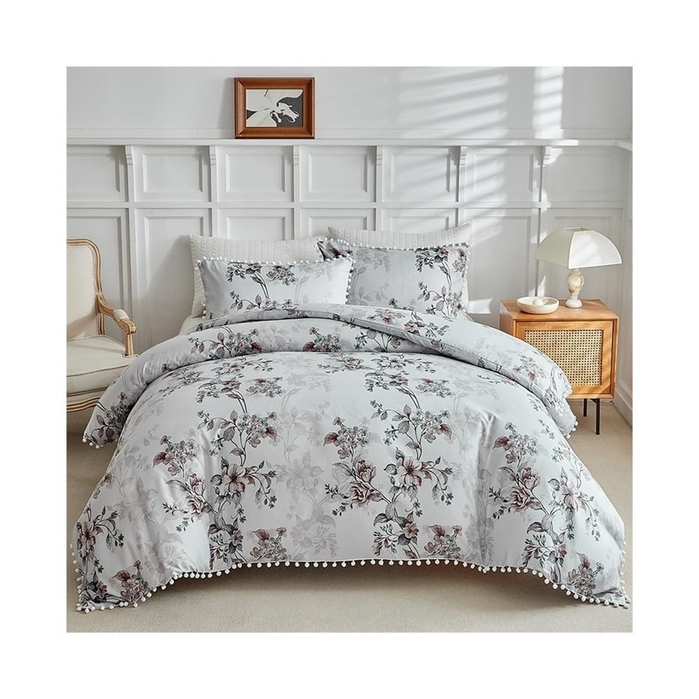 VHKJewE Botanical Floral Duvet Cover 3 Pieces Set Soft Skin-friendly Reversible Comforter Bedding with Zipper(200 * 200cm)