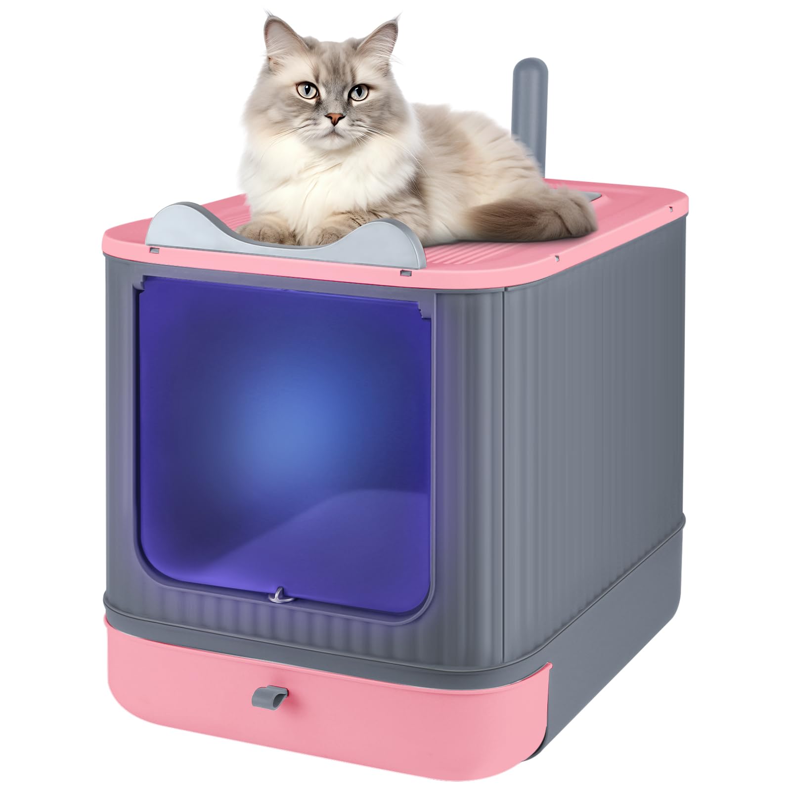 OHMG Closed Cat Litter Box, UV Disinfection, Large Folding Litter Box, with Roof Window, Removable Tray and Shovel, Litter Box with Lid