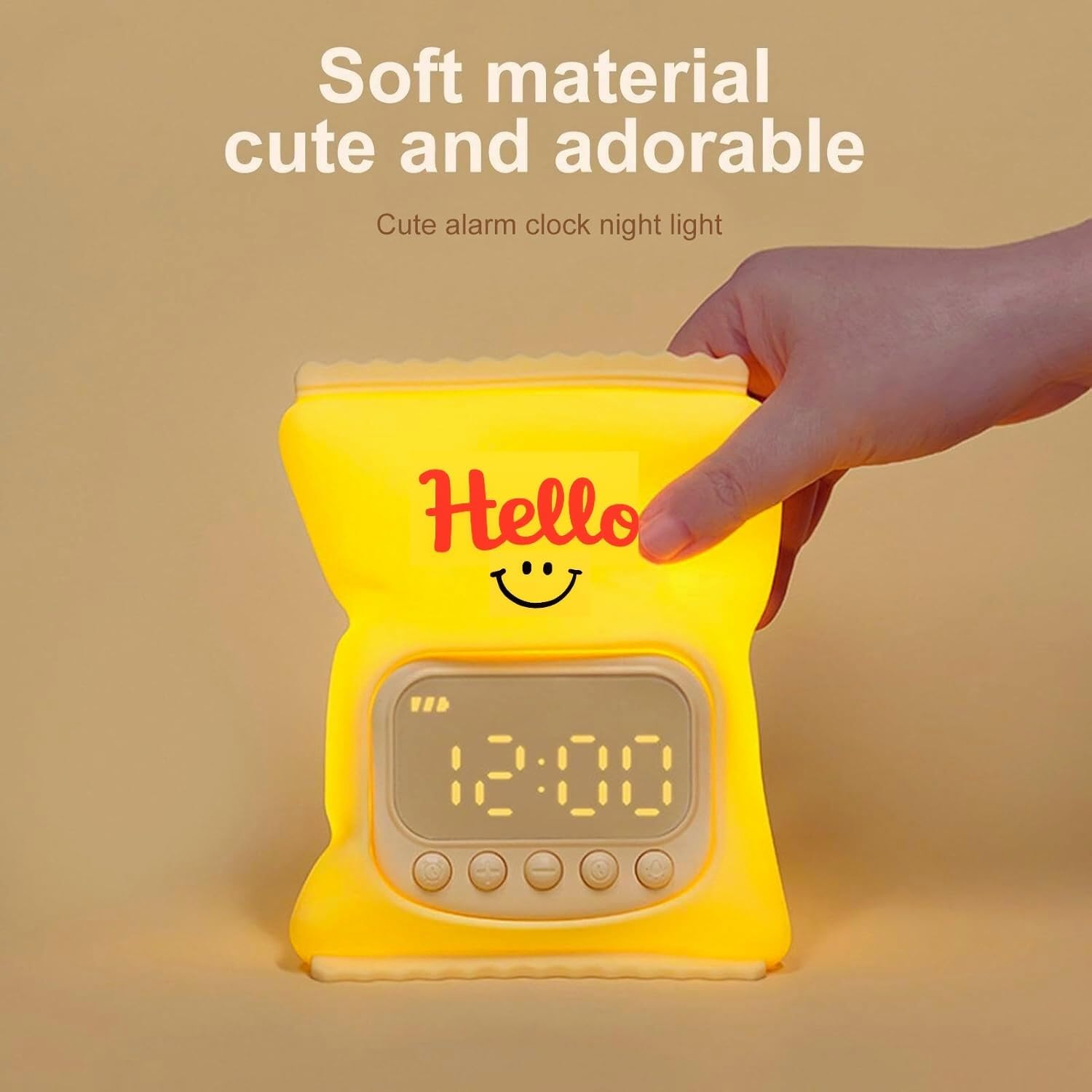 zahab Cute Silicone Snack Bag Kids Alarm Clock Night Lamp with LED Display, Rechargeable Battery, Snooze, Temperature & Timer, Bedside Table Light for Children Bedroom