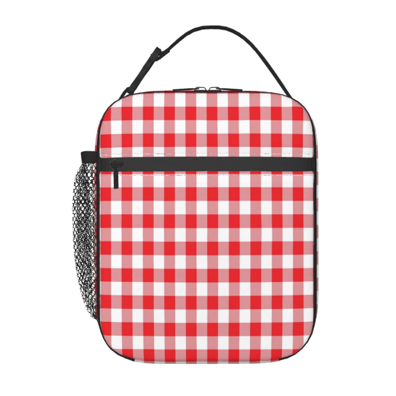 Lunchbag Aus Baumwolle – Rot-weiß Kariert, Wasserabweisend, Mit „Mahlzeit“-Applikation, 28x10 Cm