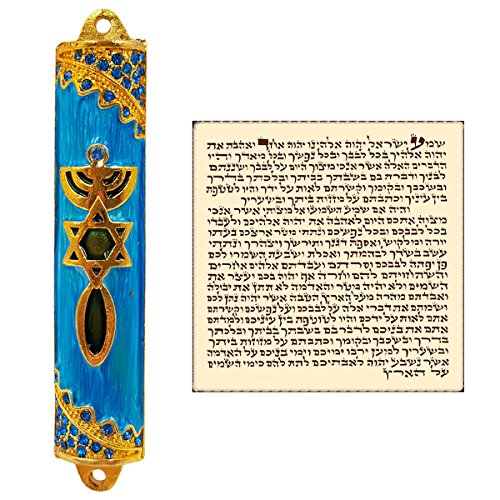 TALISMAN4U Mezuzah Messianic con pergamino para puerta, esmalte azul y cristales Mezuzah de Israel Judaica regalo, 8 cm