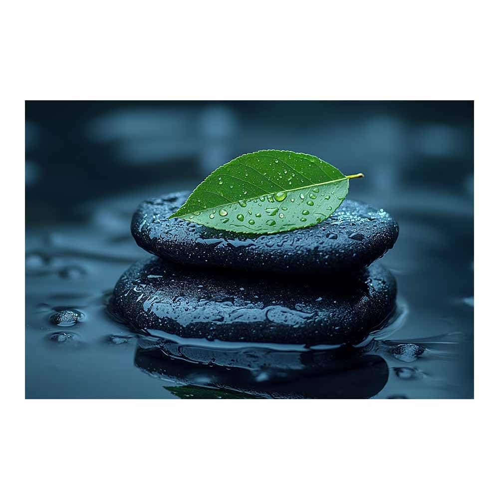 Goutte d'eau feuille & pierre noire tableau murale horizontal vert - 8