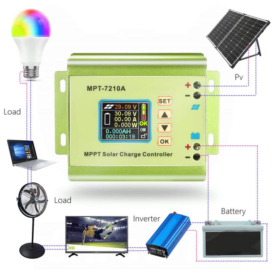 Contrôleur de charge solaire MPPT MPT-7210A Affichage LCD 24V 36V 48V 60V 72V 10A Réglable pour la batterie au lithium