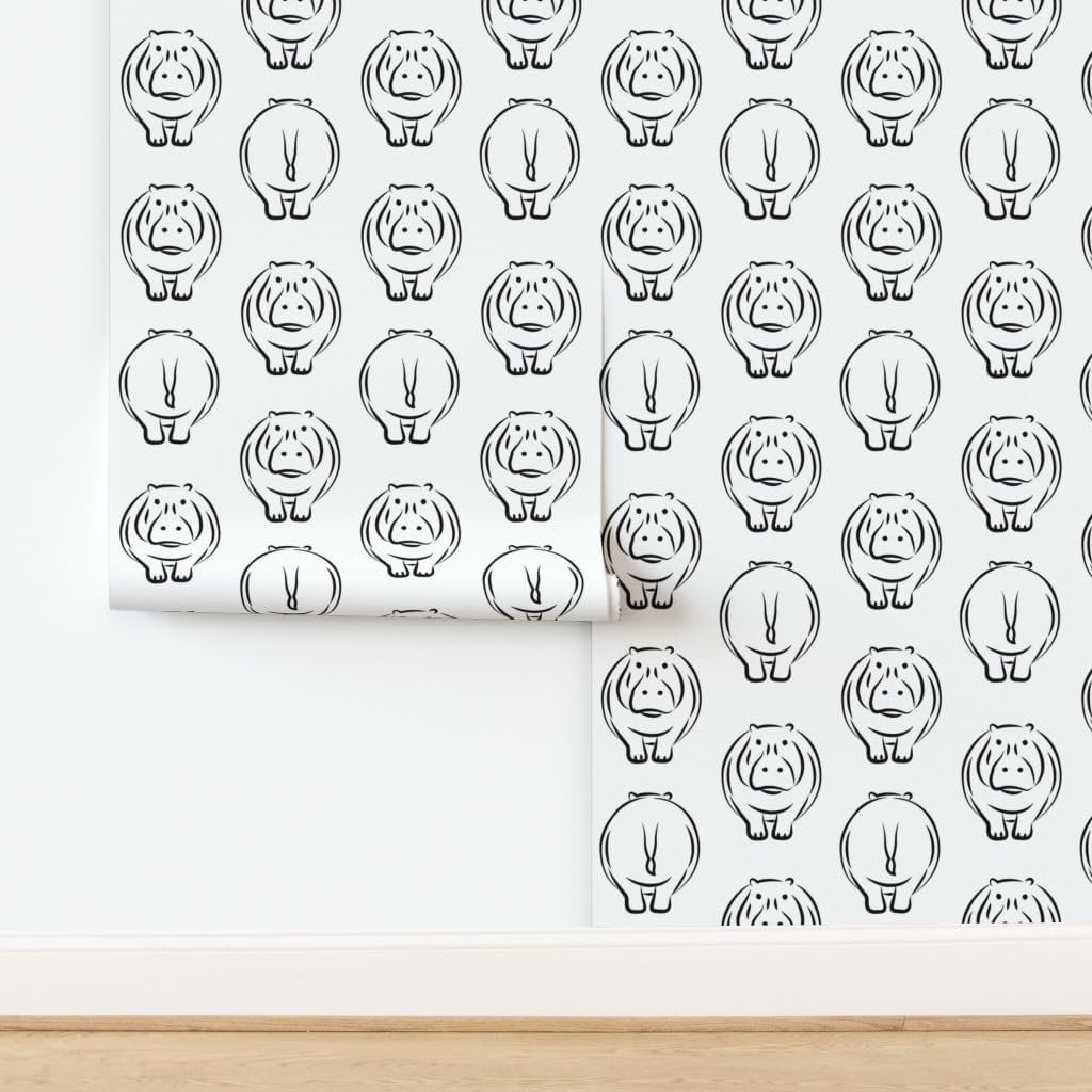 Removable Wallpaper 3ft x 2ft - Monochrome Zoo Safari Black White Baby Animals African Hippo Butts Custom Pre-Pasted Wallpaper by Spoonflower