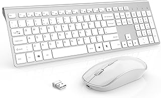 Wireless Keyboard and Mouse,J JOYACCESS Rechargeable Wireless Keyboard Mouse Combo with 500mAh Batteries,Portable Slim,Reliable 2.4Ghz,Silent Ergonomic Mouse for PC/Laptop/Smart TV/Gaming-White Silver