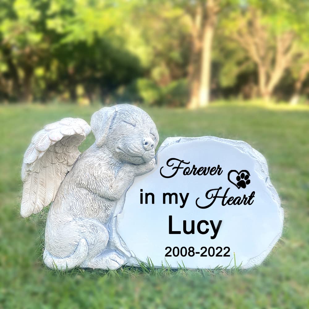 LAGGATTS Personalized Pet Dog Memorial Stone with A Sleeping Dog Angel Statue, Dog Grave Markers, Dog Headstone Tombstone-Forever in My Hearts