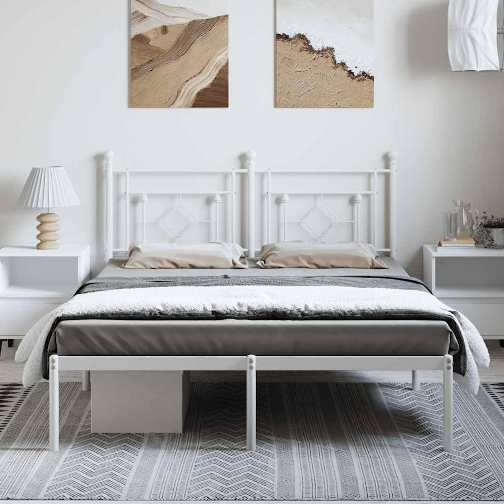 King Size Bed Frame White Powder-Coated Steel Platform Frame with Headboard Sturdy Heavy-Duty Slatted Foundation for Bedroom Mattress Support