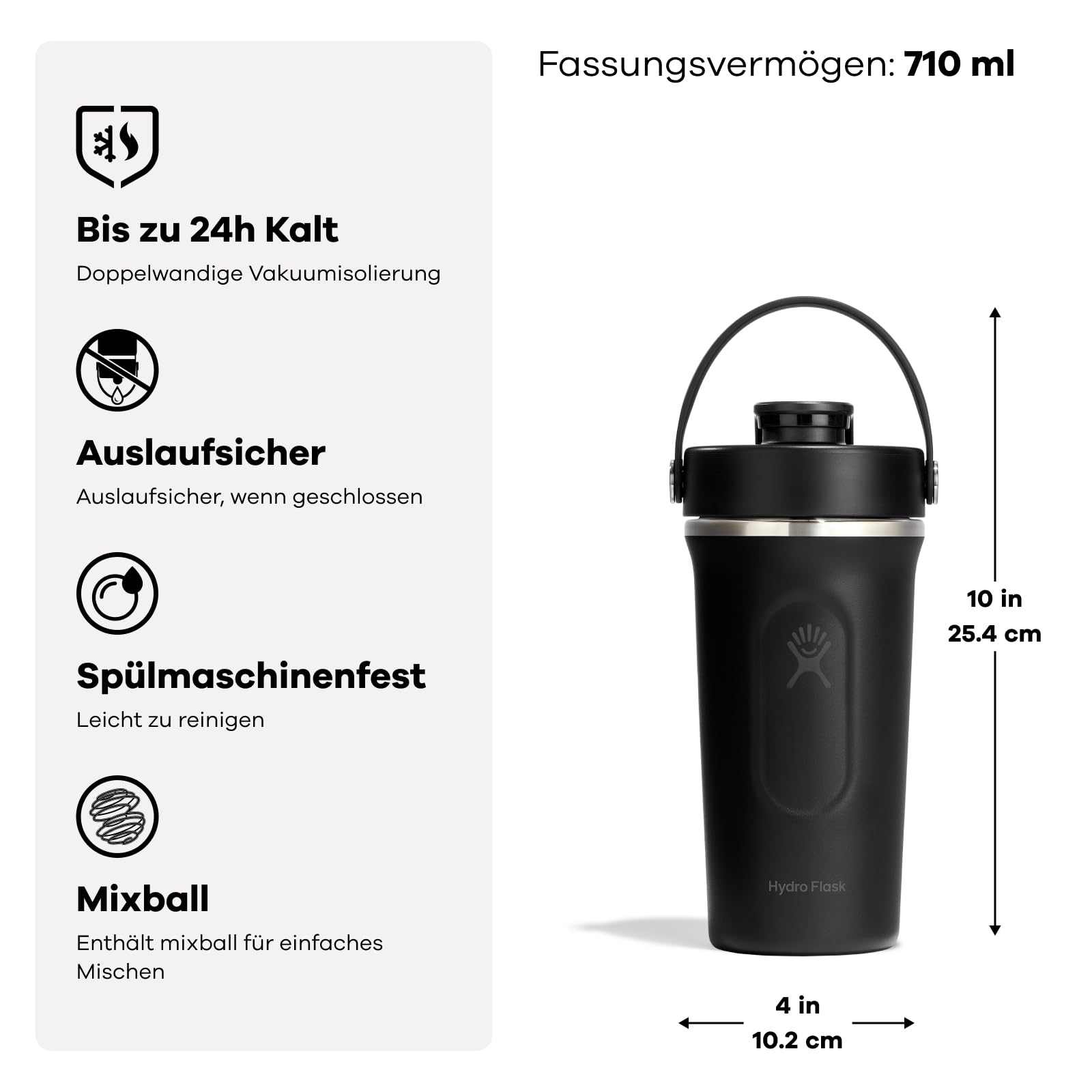 Hydro Flask - Insulated Stainless Steel Shaker Bottle 710 ml (24 oz) -Auslaufsicherer Klapp-Trinkaufsatz – Für Proteinshakes & Supplements – Schneebesen-Kugel – Hält Getränke 24 Stunden kalt - Black