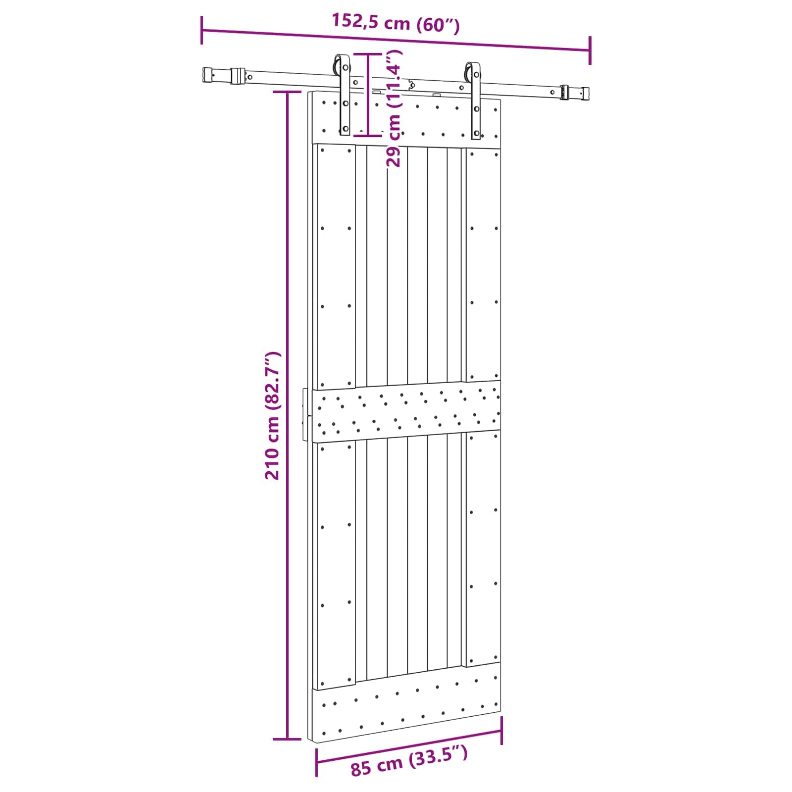 NARVIK - Porta scorrevole in legno di pino massiccio, 85 x 210 cm, con binario in acciaio nero, per interni