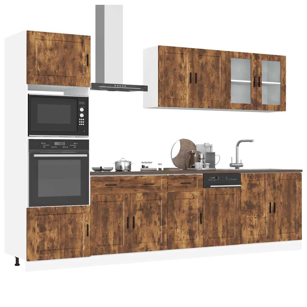 Set da cucina Kalmar, 7 pezzi, effetto rovere affumicato, moderno set di mobili da cucina in legno con frontali in vetro, mobili da cucina modulari per riporre oggetti, include dispensa e