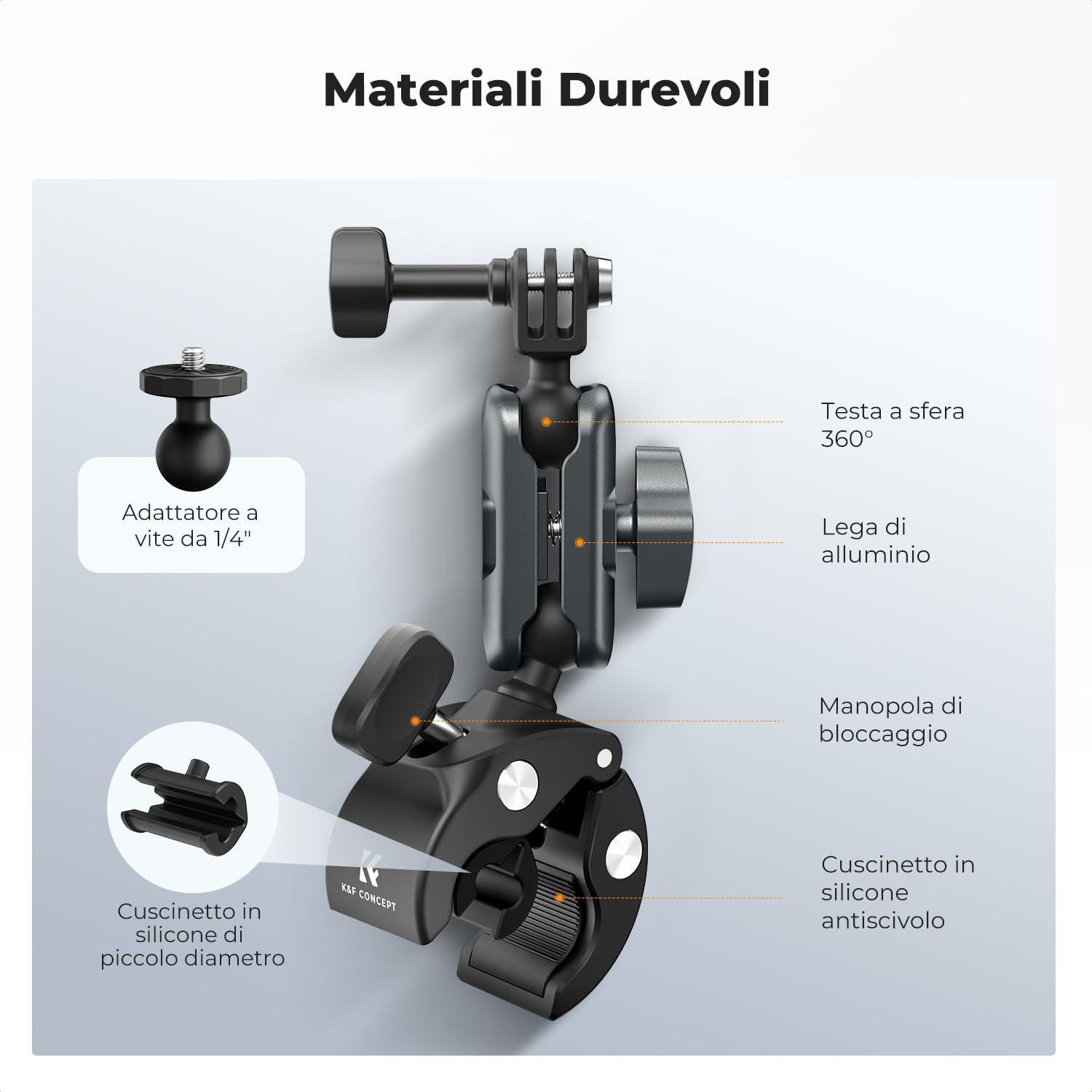 K&F CONCEPT Supporto Action Camera con Super Clamp e Doppia Testa a Sfera 360°, Morsetto per Manubrio Moto e Bici, Compatibile con GoPro Hero 13/12, Insta360 X5/X4, DJI Osmo Action 5/4/3 e Pocket 3