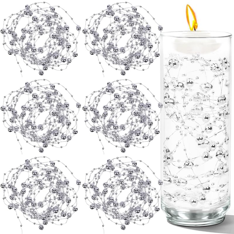 Cusmation 50 PCS Artificial Floating Beads for Centerpieces Vases, Silver 8+3mm String Beads for Wedding Party Faux Pearl String for Decorating,