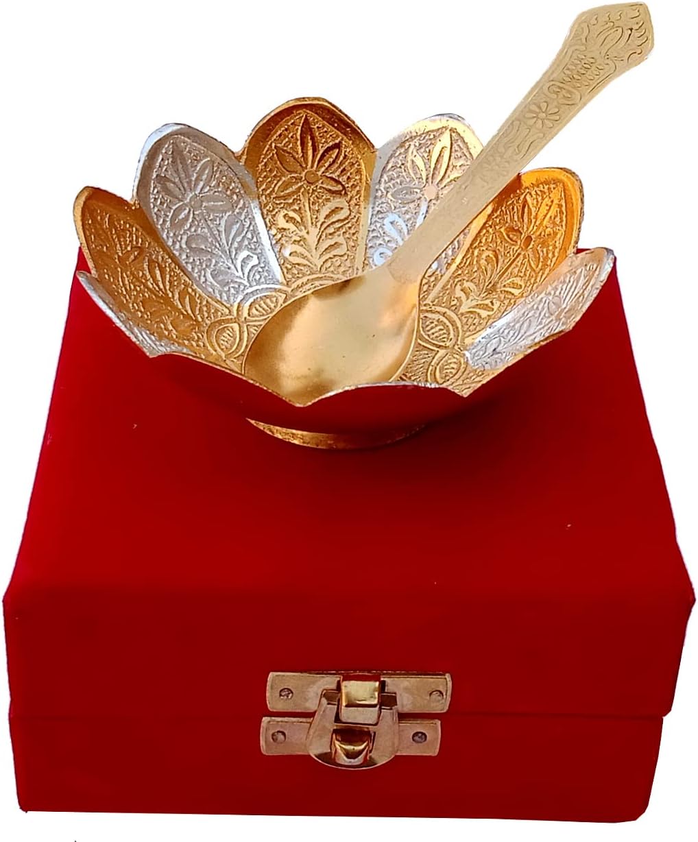 Purpledip Metal Bowl Spoon Serving Set: For Dry Fruits, Sweets Or Candies, Gold-Silver Finish (12532B)