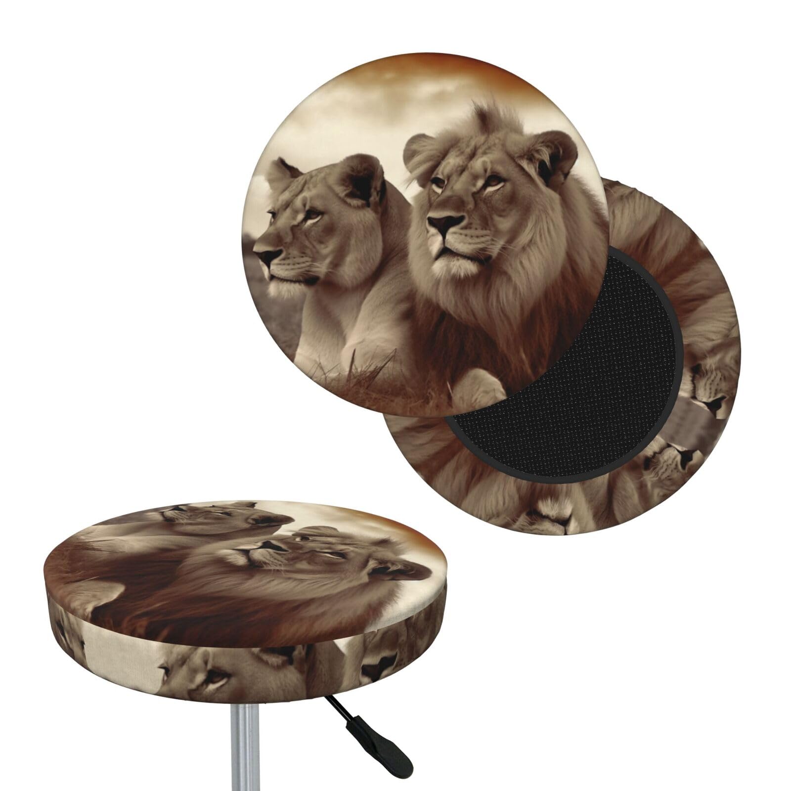 FodPand African Lion and Lioness Bar Stool Cover Round Elastic Stool Cushion Covers Washable Bar Stool Chair Slipcover Stretch Stool Seat Covers for 12-14 Inch Chair