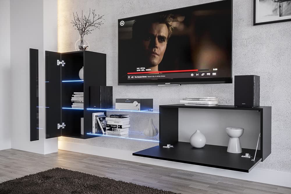 Furnitech Wohnwand Wohnzimmer, Möbel mit LED Weiß, Hängend Modern, Schrankwand mit Regale und TV Schrank (Future 45N-M-W4-1A)