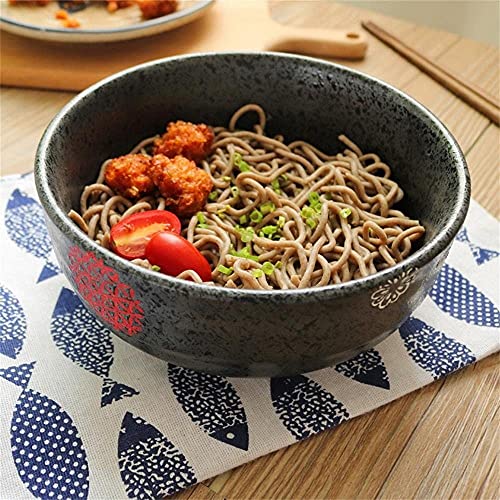 ERoomQ Pasta Bowls Large Soup Ramen Noodle Bowl Fruit Salad Pasta Serving Mixing Bowl Creative Hand-Painted Ceramic Tableware Microwave Safe 7 Inches Black Salad Bowls,