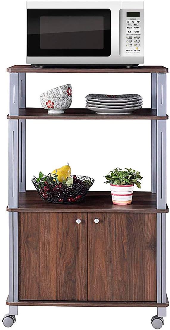 DORTALA 3-Tier Kitchen Baker’s Rack, Utility Microwave Oven St& Cart w/Shelf & Cabinet, Large Storage Cabinet for Kitchen, Living Room, Movable Workstation Shelf w/Wheels for Wine, Dishes, Walnut