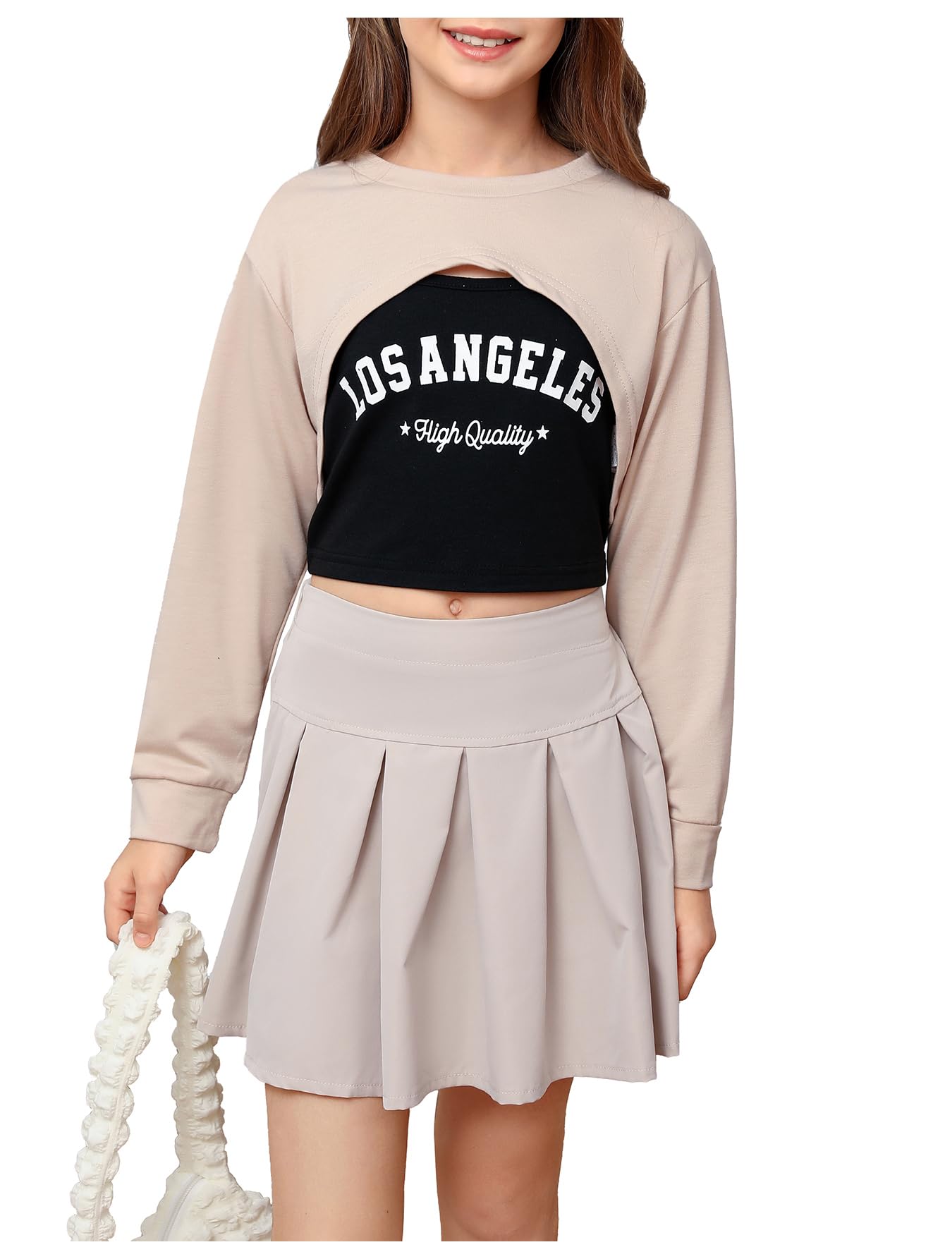 MakeMeChic Girl's 3 Piece Cute Fall Outfit Crew Neck Crop Sweatshirt and Pleated Mini Skirt Set with Cami Top