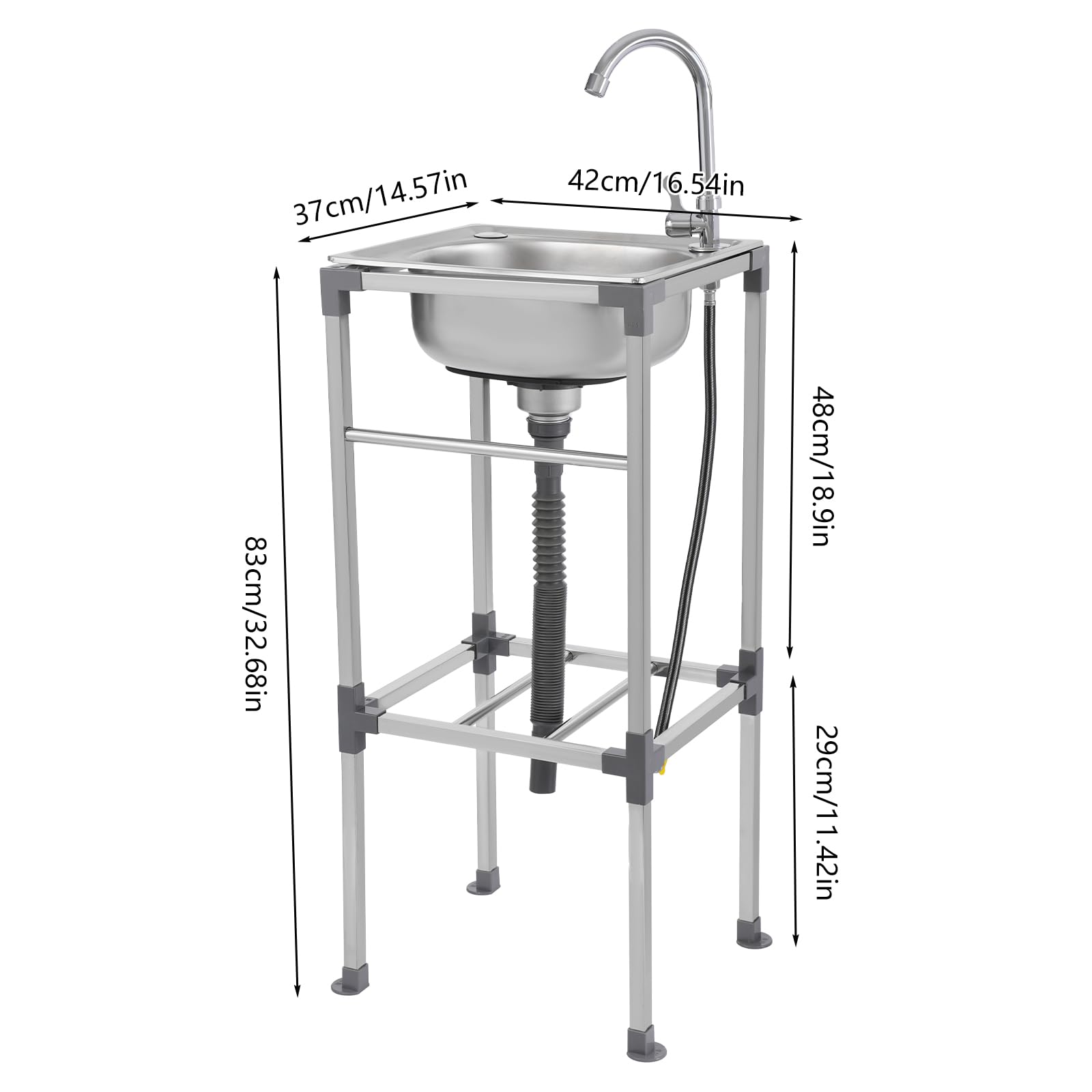 Lavabo indipendente in acciaio inox, 1 vasca, da campeggio con mobiletto, portata 60 kg, ideale per cucine, garage, cortili (42 x 37 x 83 cm)