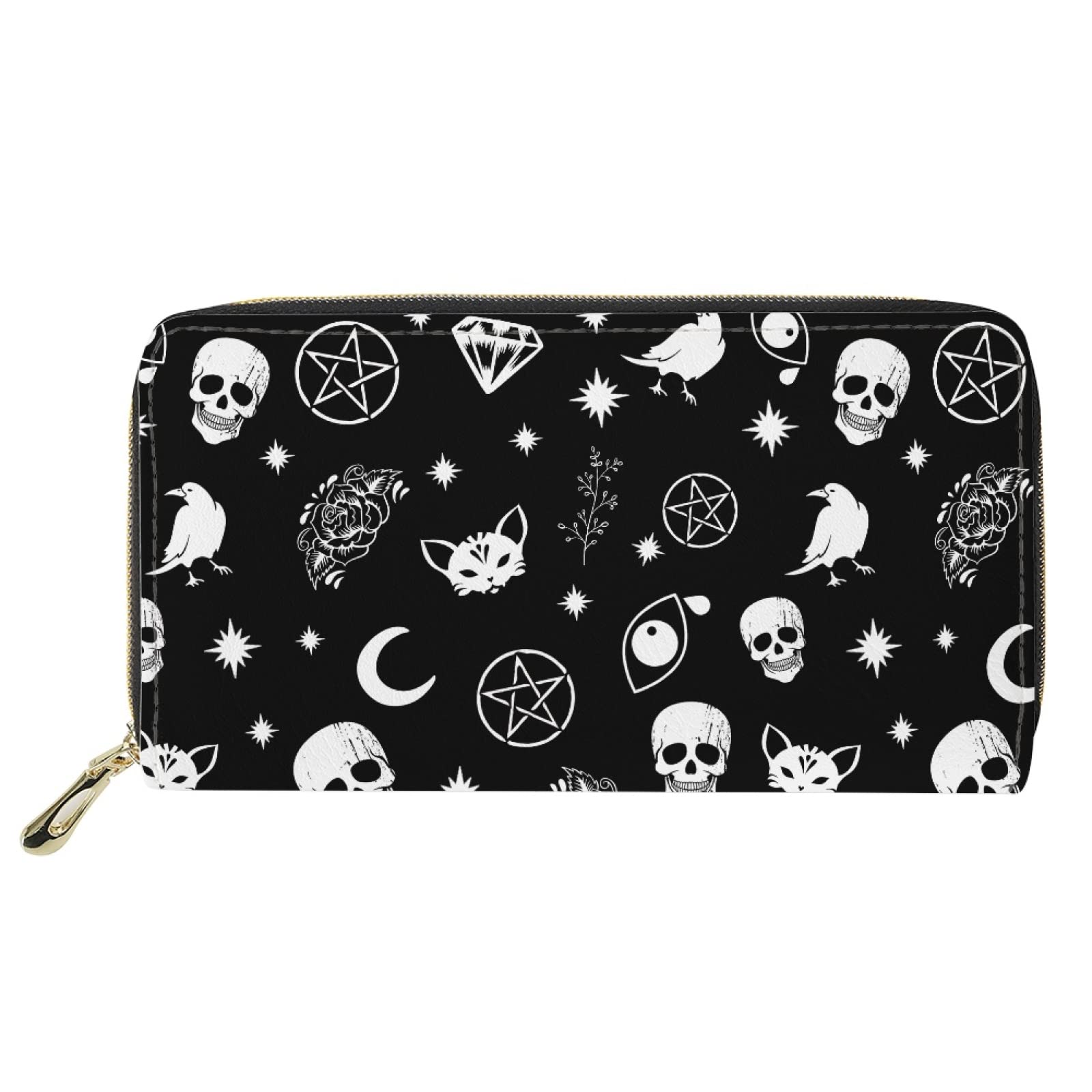 PIHNSDUASkull Cat Moon Gothic Women's Long Wallet PU Leather Purse with  Card Holder Zip Around Clutch Wallet