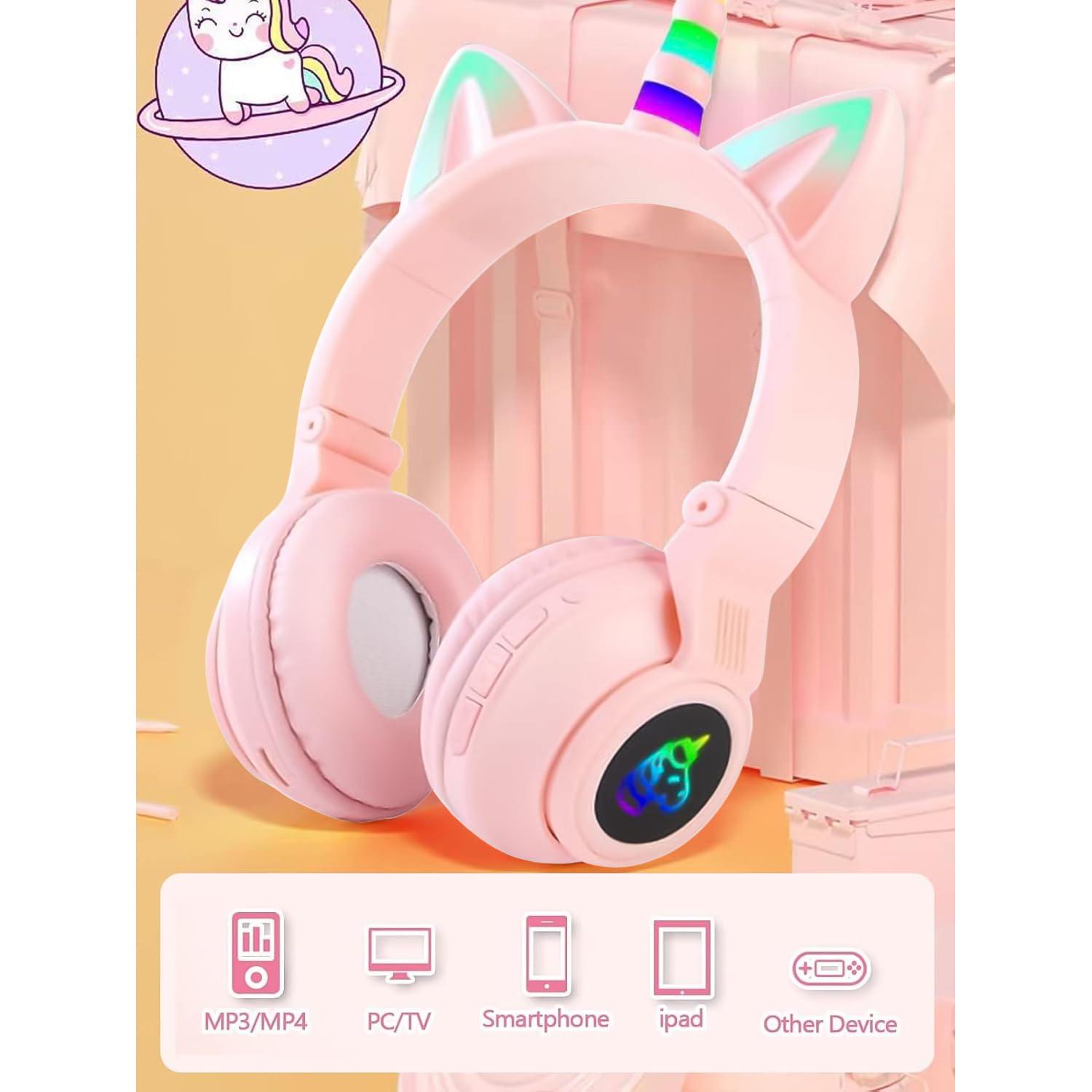 Cuffie Bluetooth per bambini, pieghevoli, senza fili, con cavo e microfono, controllo del volume, design ispirato all'unicorno, regalo di compleanno e Natale (rosa)