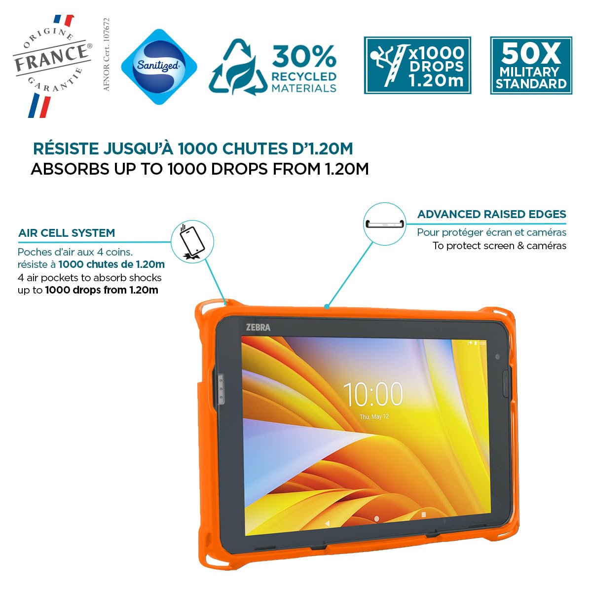 MOBILIS Coque pour Tablette Zebra ET401 10" avec Scanner, Etui Renforcé Protection Militaire, Fabriqué en France, Compatible Accessoires de Charge, Points d'Accroche, Antimicrobien, Orange Fluo