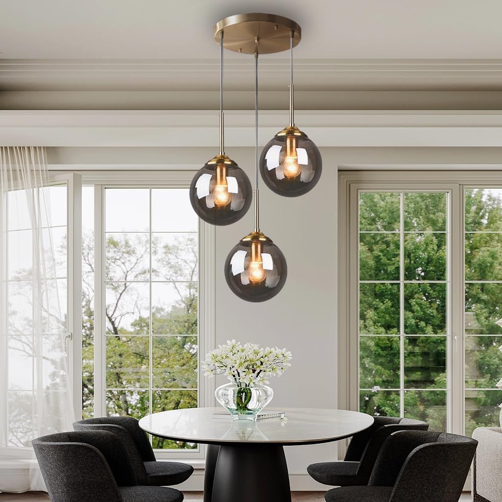 Kronleuchter Industrielle Retro 3-flammige Pendelleuchte im pastoralen Stil Antiker Messing Metalllampenkörper mit Glaskugelschirm Hängelampe E27 Deckenleuchten Restaurant Küche Insel Bar Café