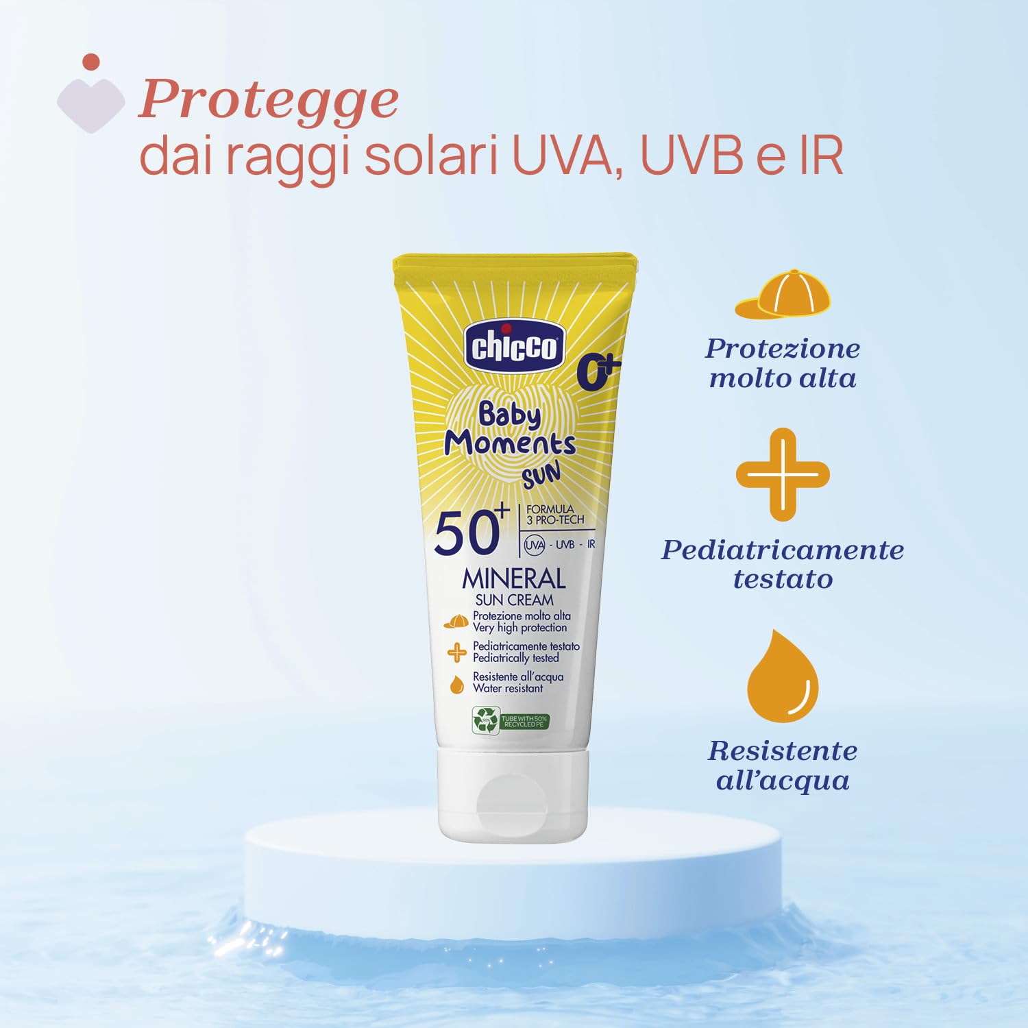 Chicco Crema Solare Minerale SPF 50 +, per Bambini, Resistente all'Acqua, Ottima Protezione Contro UVA, UVB e Infrarossi, 0 Mesi +, 75 ml