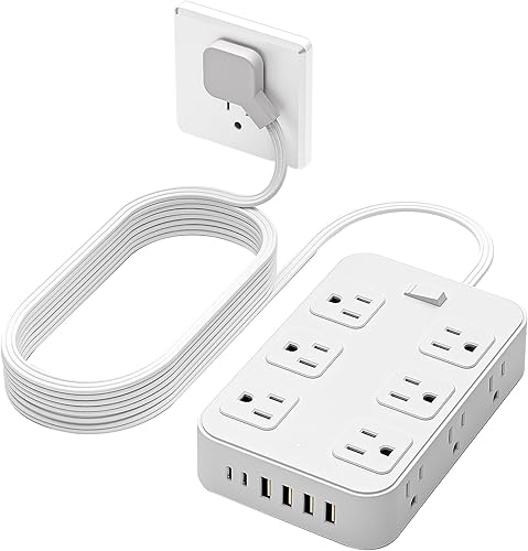 Regleta protectora contra sobretensiones, cable de extensión de 5 pies con 12 salidas de CA, 6 puertos USB, enchufe plano, extensor de salida de 3