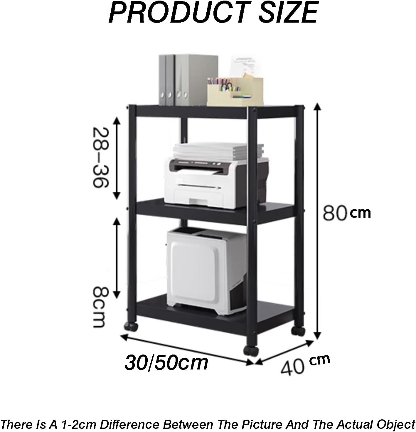 Computer Tower Stand,3-Tier Rolling Printer Cart Under Desk,8cm Height Adjustable Shelves,Max Load 110 Lbs,for Office Home Classroom(80x40x30cm)