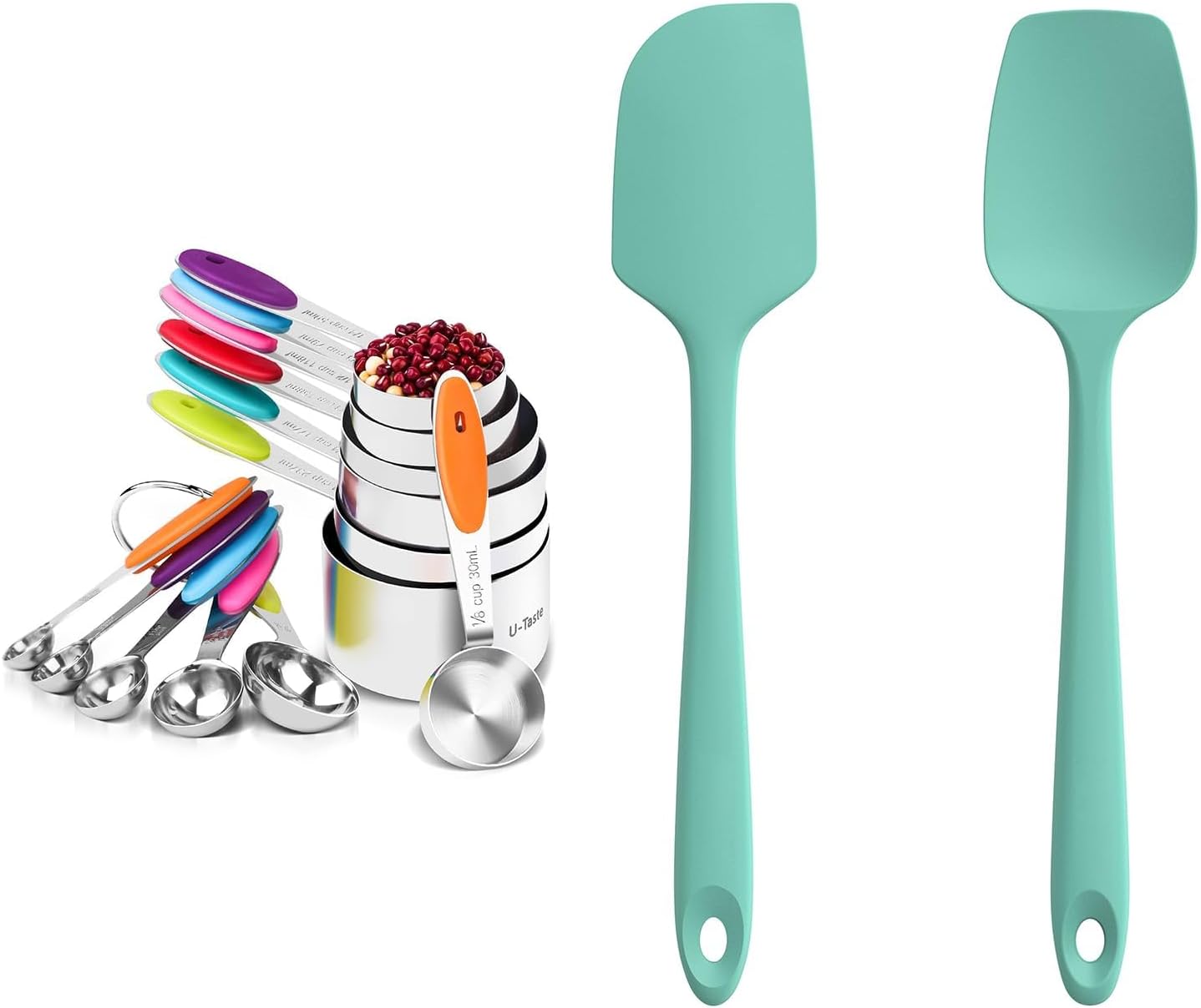 U-Taste 18/8 Stainless Steel Measuring Cups and Spoons (Set of 12, Multicolor), and 18/8 Stainless Steel 600ºF Heat Resistant 11.38in Flexible Non-Stick Spatula & Spoon Spatula (Aqua Sky)