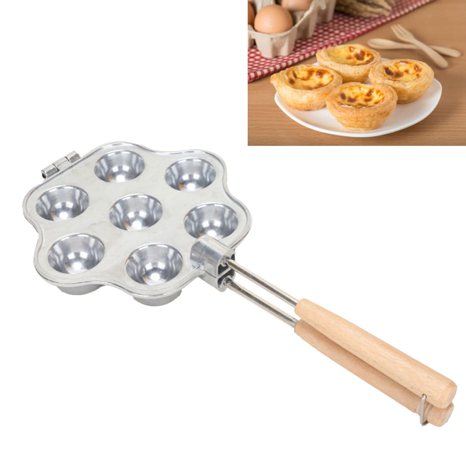 Stampo per Crostata in Metallo, Stampo per Torta Riutilizzabile in Lega di Alluminio a 7 Fori con Manico in Legno per Mini Budino per Torta, Facile Sformatura e Pulizia