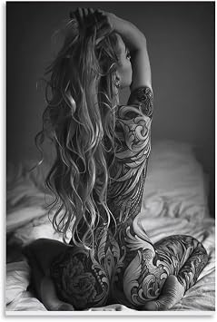 Art Canvas Sexy Tattoo Girl - Black & White Wall Art, 24x36inch 60x90cm, For Living Room, Bedroom, Office Decor