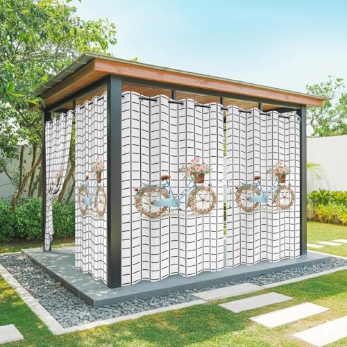 Flowers Bicycle Outdoor Curtains for Patio Waterproof,Windproof Privacy Curtains with Weighted Bottom,Spring Farmhouse Floral Plaid Lattice Outside Drapes for Picnic Garage Backyard 54"x84" 1 Panel