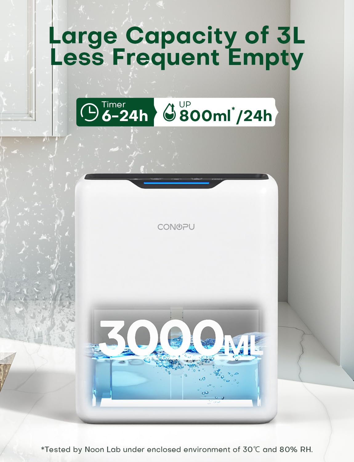 CONOPU Deumidificatore 3000ML, Demidificatore Casa, Semiconduttore Doppio, 30 dB Modalità Sonno, Sbrinamento Automatico, 1,3 kWh/Giorno, Timer 24h, Spegnimento Automatico
