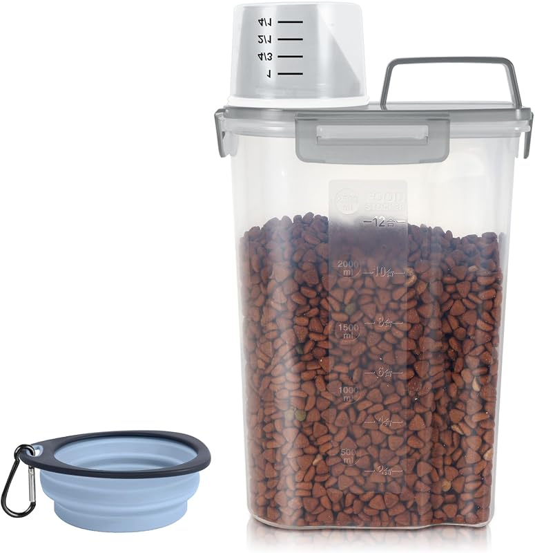 Recipiente Hermético para Armazenar Alimentos de Gatos e Cães LEAWALK com Tigela Dobrável, 3 L, Clear Grey
