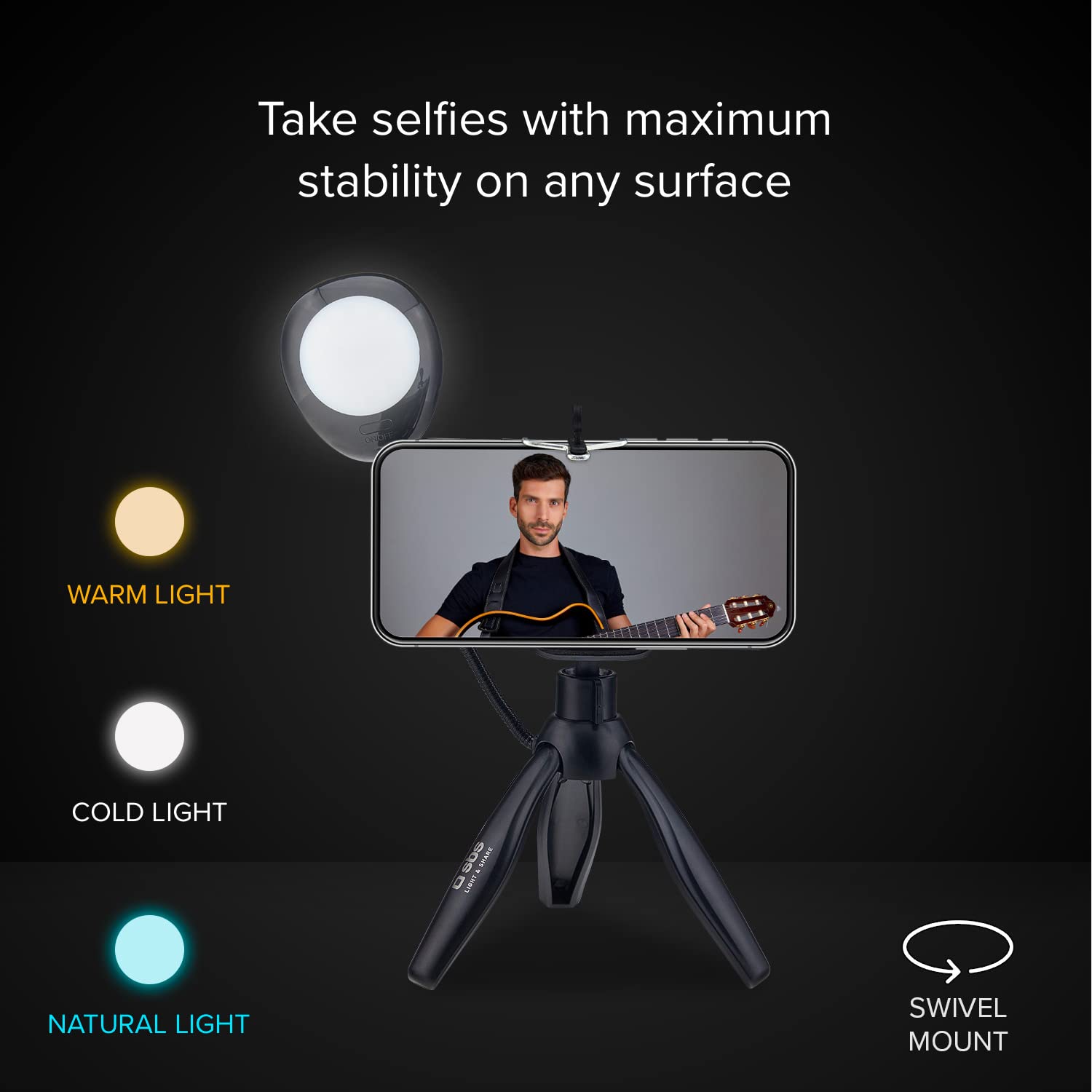 Treppiede per Smartphone iPhone, Samsung, Oppo, Xiaomi, Huawei, Luce LED Orientabile con Regolazione di Intensità, Telecomando Wireless