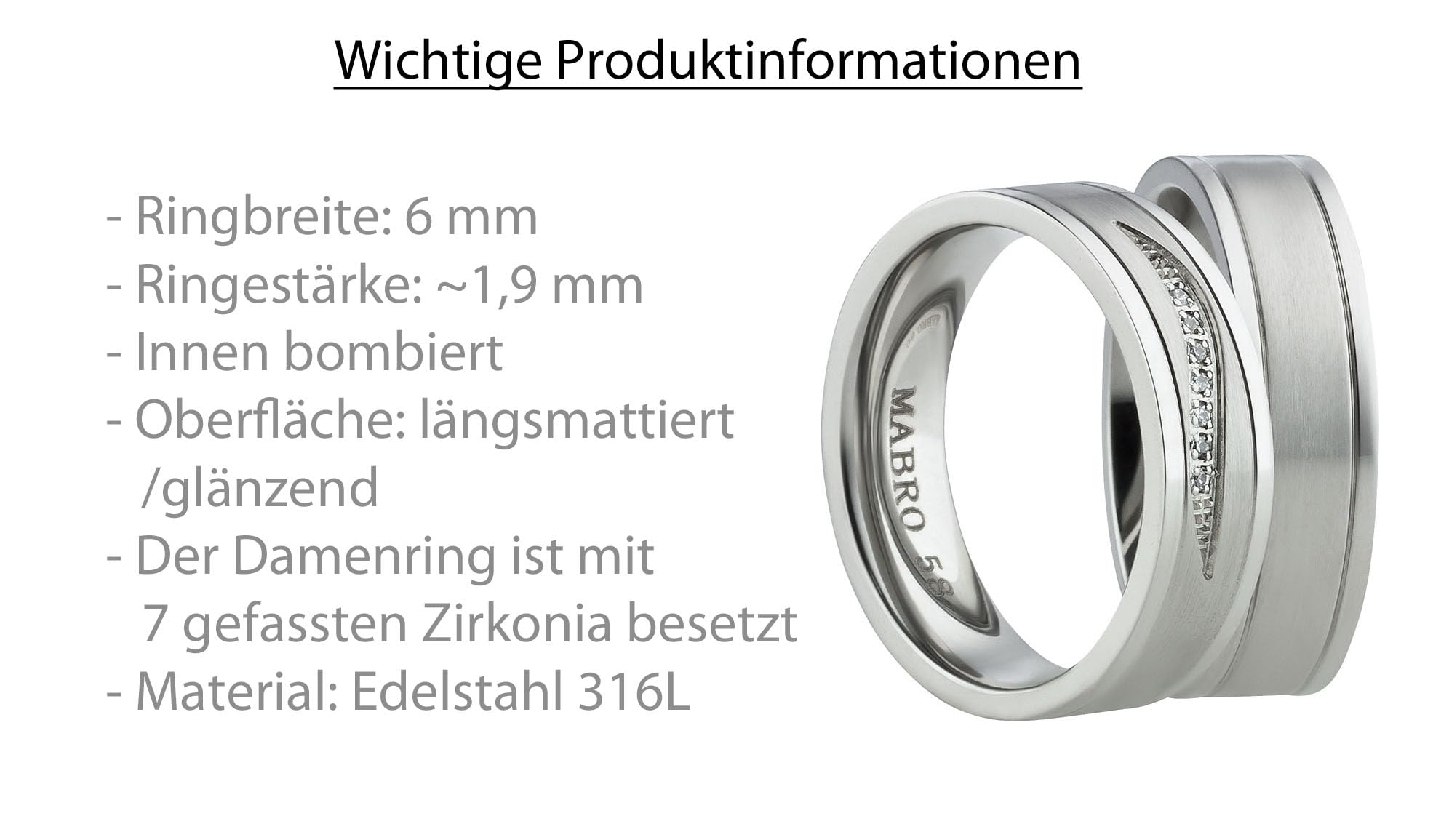 Blue Moon Diamonds Paar Eheringe, Partnerringe Verlobungsringe aus Edelstahl mit Zirkonia Antragsringe Trauringe Freundschaftsringe Gr. 48-74 |AB2010