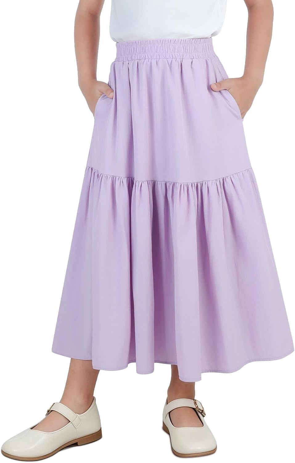 TXJ Sports Girls Maxi Skirt with Pockets, Soft A-Line Long Skirt for Girls, Elastic Waist Casual Summer Skirts 6-14Y