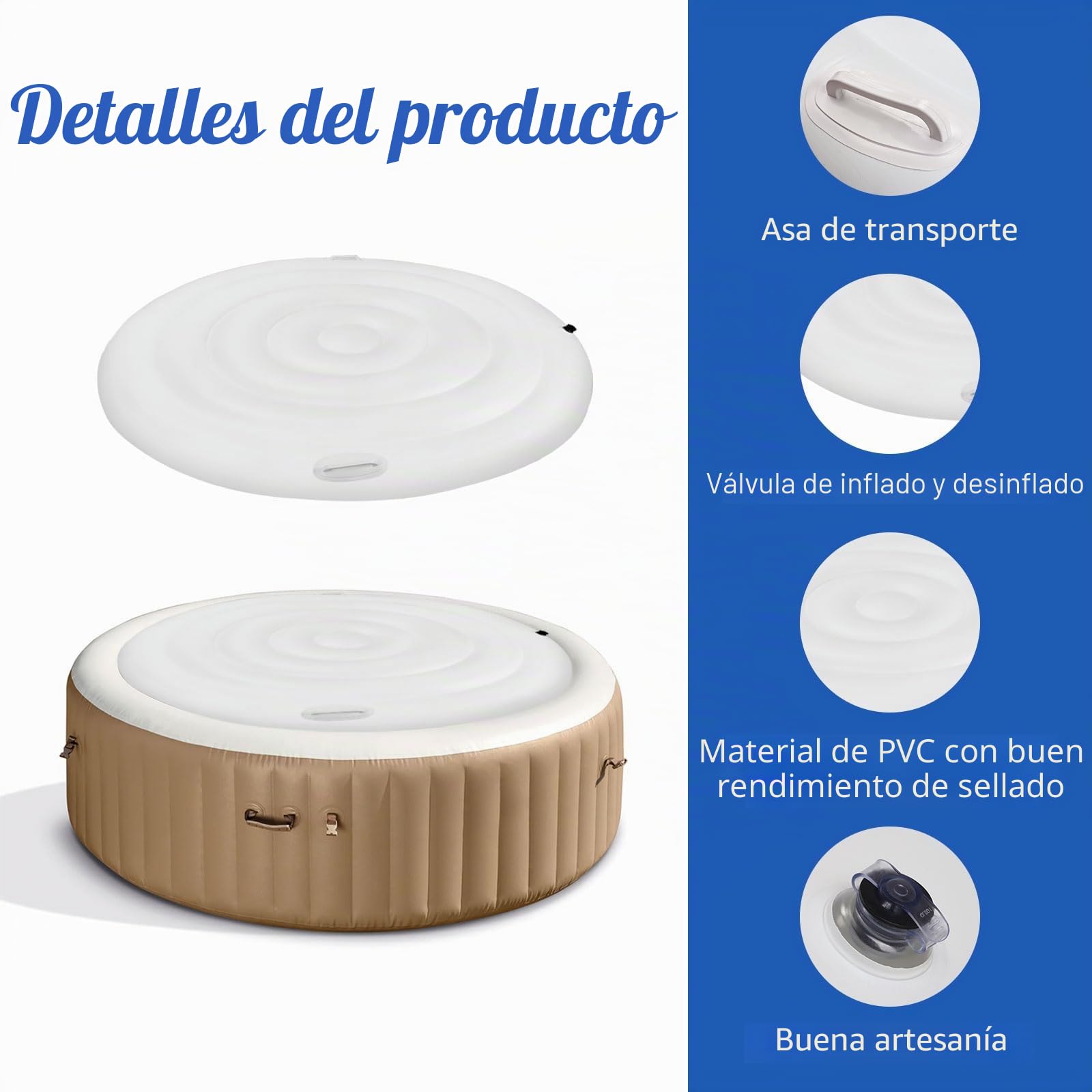 Cubierta Inflable para Bañera de Hidromasaje Redonda 160cm, Cubierta de Piscina Aislada con Dos Asas, Tapa de SPA Hinchable Exterior de Ahorro de Energía, Corte de Viento a Prueba de Polvo, Blanco