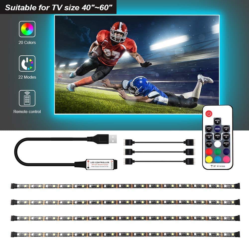 LED Strip Lights for TV, 2 Meters Multi-Color RGB, USB Power Supply, with RF Remote Control, Home, Kitchen, 40-60 inch TV Backlight bar, PC, car TV Offset Lighting