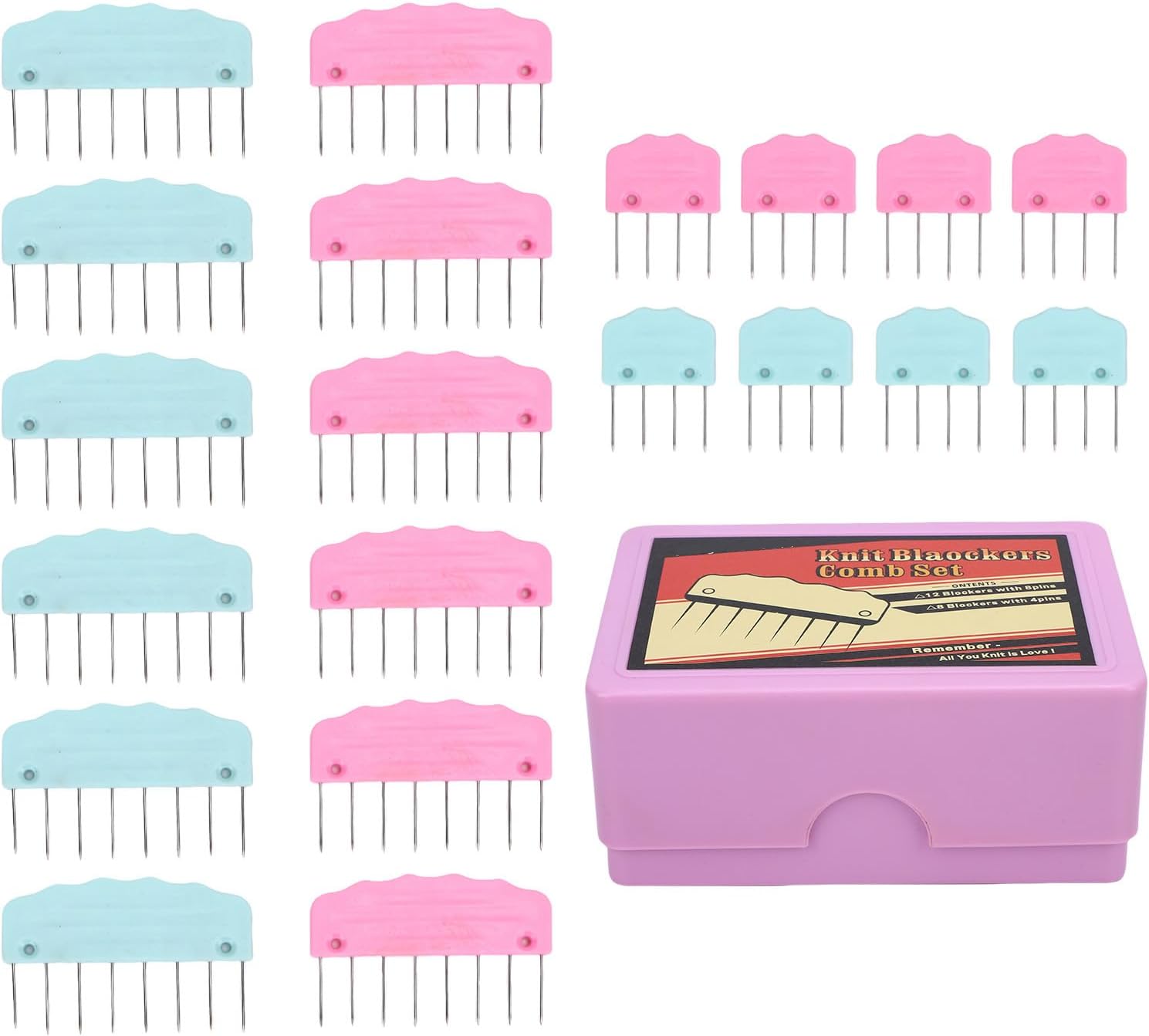 Haofy Knit Blocking Pins Kit, 20 Pcs Stainless Steel Crochet Blocking Combs with Storage Case for Sweaters Scarves Shawls, 12 Large & 8 Small Rust Proof Knitting Tools for Fiber Arts