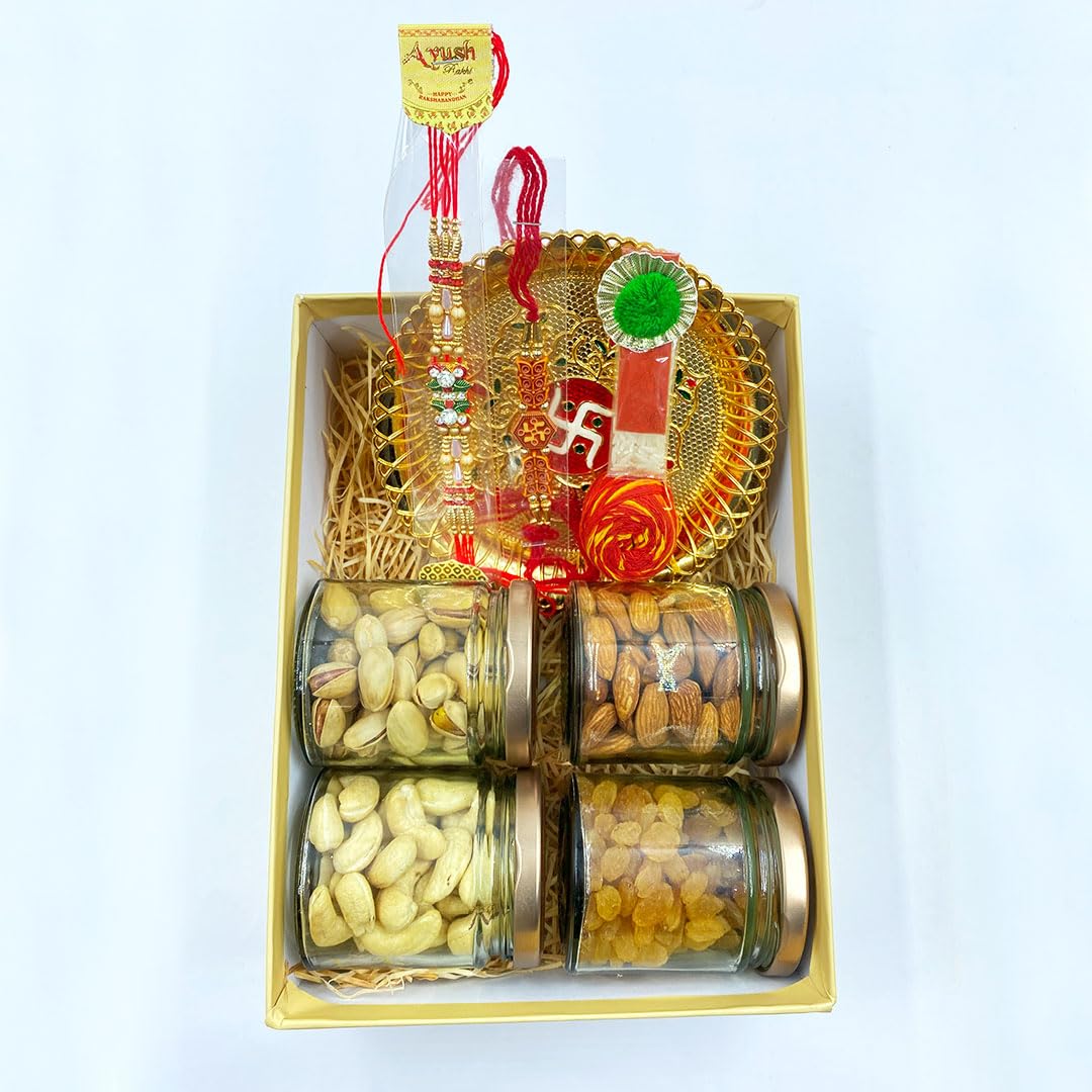Premium Rakhi Gift Hamper for Brother & Sister | Raksha Bandhan Celebration Box | Golden Puja Thali, Roli Chawal Moli | Designer Rakhi Set with Dry Fruits (Almonds, Cashews, Raisins, Pistachios) 1