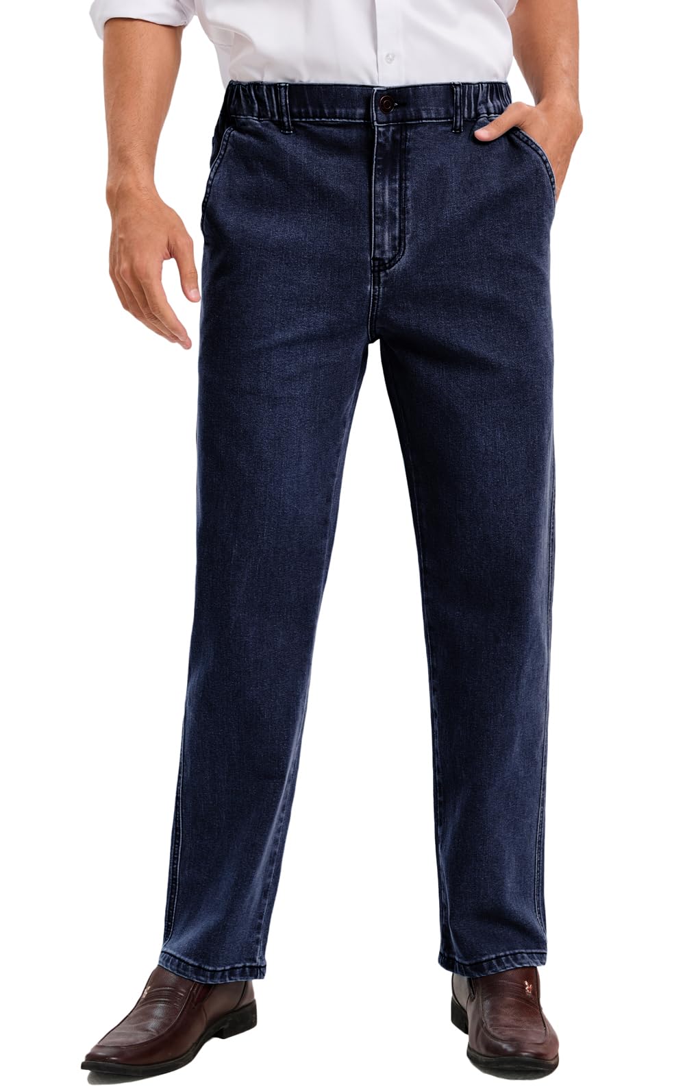 voeeron Mens Elastic Waist Jeans Relaxed Fit Men's Jeans with Elastic Waist with Zipper and Button