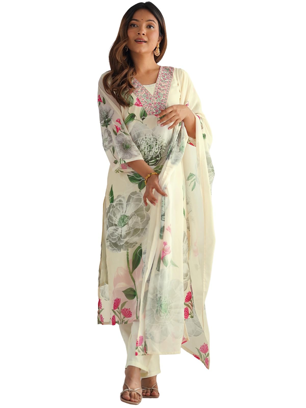 Sanisa Women's Georgette Floral Printed And Embroidery Straight Kurta With Pant And Dupatta Set (238Kbd2511N-Xl_Cream & Multi)