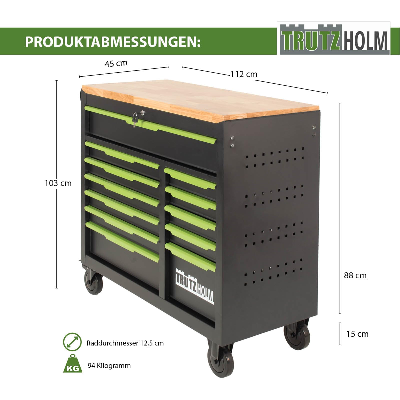 TRUTZHOLM Werkstattwagen Star XL 12 Schubladen unbestück Hartholz-Arbeitsplatte schwarz/grün 103 x 112 cm mit Feststellbremsen, abschließbar