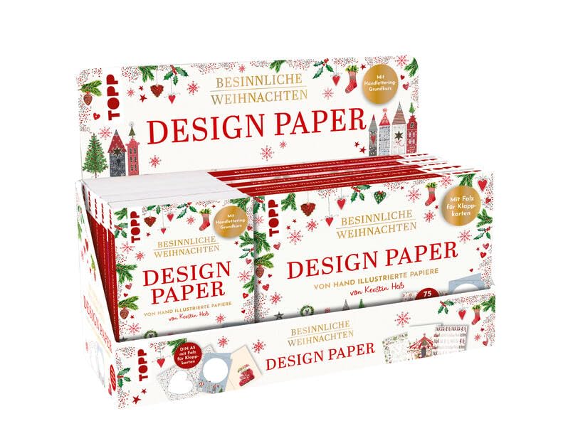 Design Paper Besinnliche Weihnachten Display, 2 x 5 Ex.: DIN A5 und DIN A6. 2 x 5 Ex. im Display. Je Block 75 feste Motivpapiere in 25 Designs (220 g/m²), 16 Seiten Handlettering-Grundkurs, Softcover