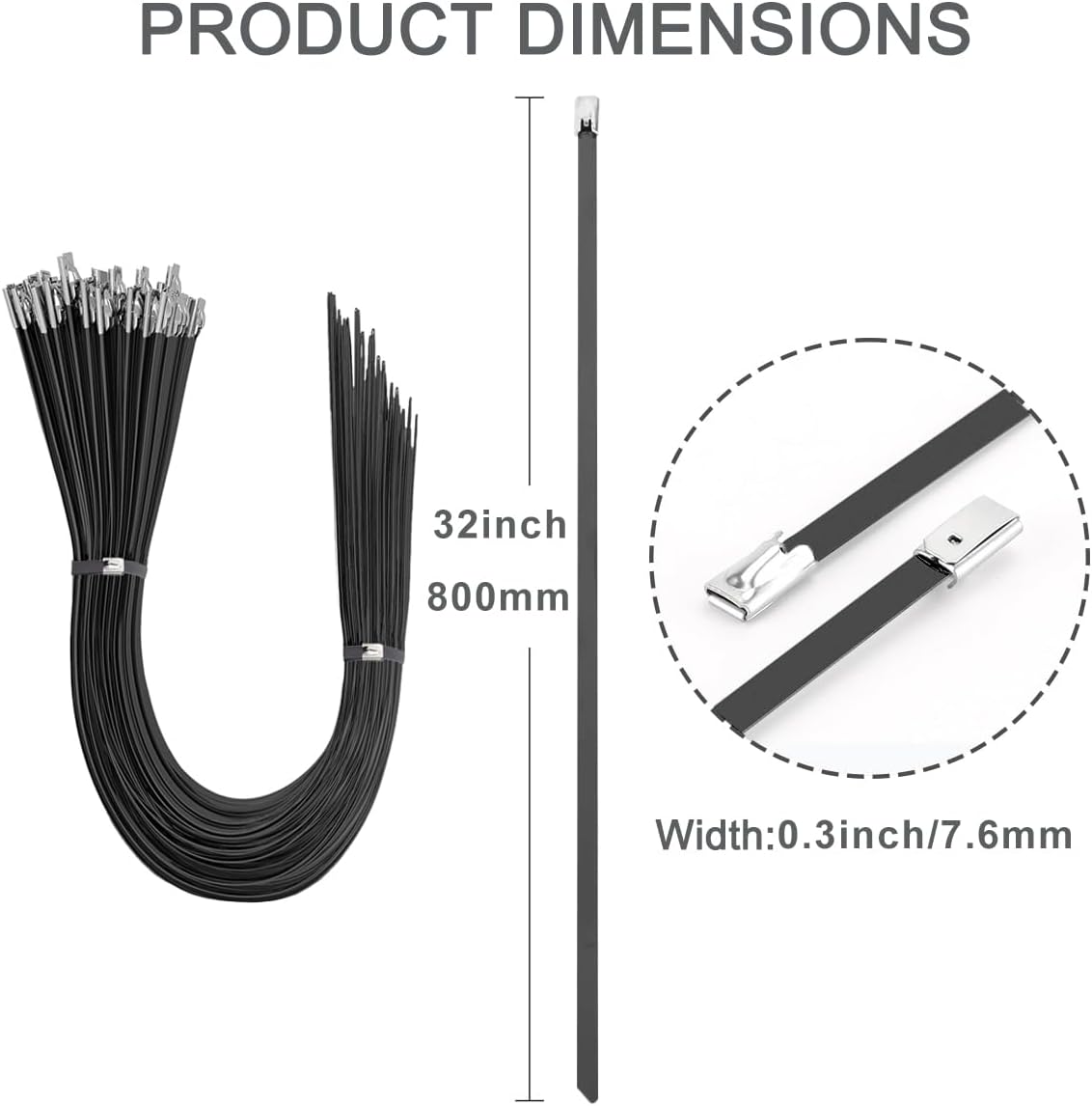 Metal Zip Ties Black 32 inch 180LB 50pcs Heavy Duty 304 Stainless Steel Purpose Binding for Machinery, Vehicles, Farms, Cables, Pipes, Fence.