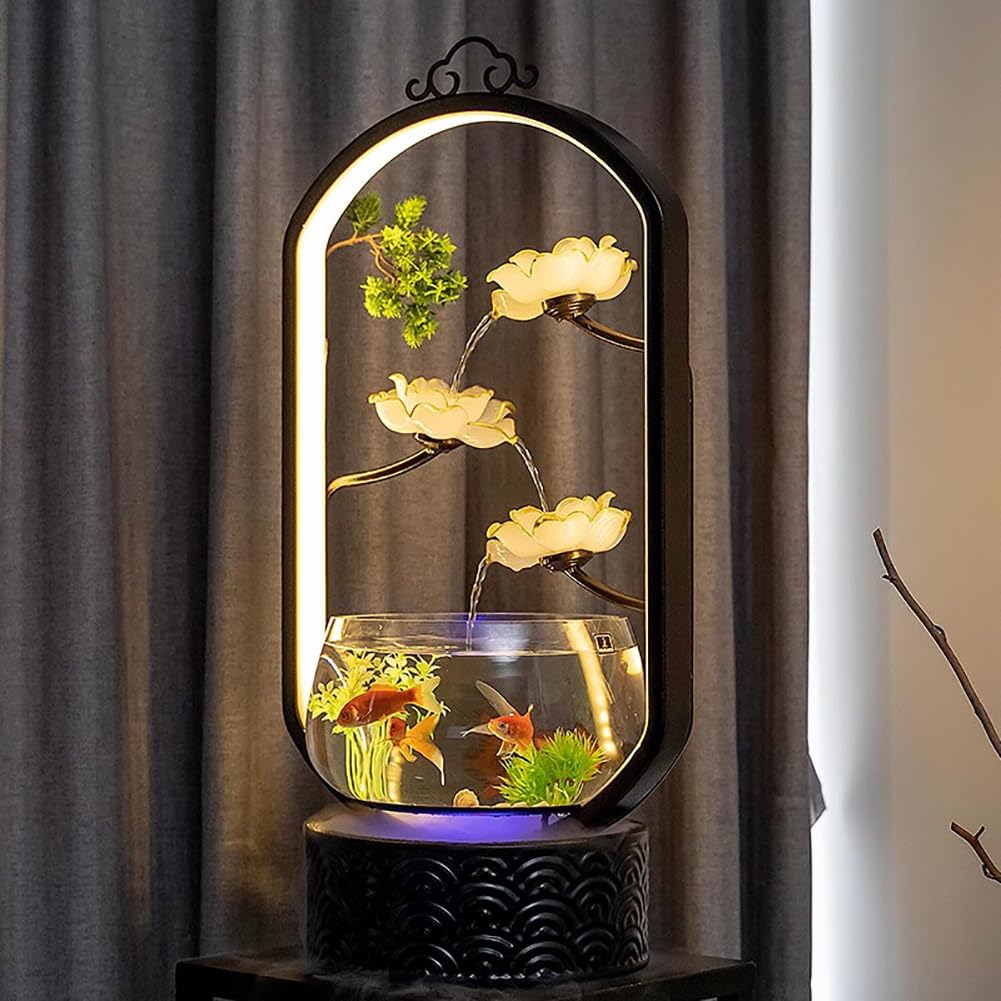 Innen-Desktop-Wasserspiel-Aquariumbrunnen, Aquarium Mit LED-Lichtring, Glasaquarium Mit Keramiksockel, Künstlicher Landschafts-Desktopbrunnen,C