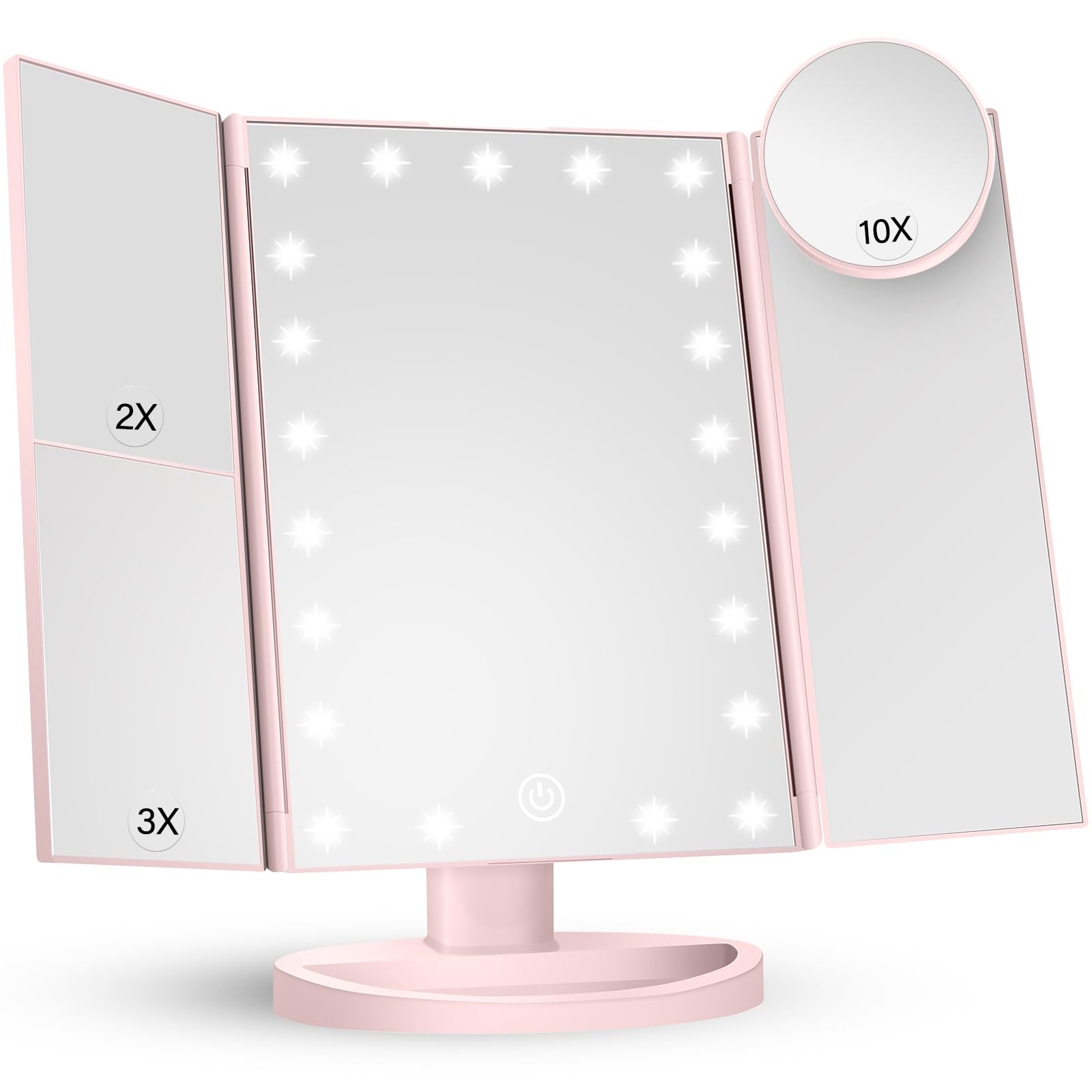 HUONUL Makeup Mirror Vanity with Lights, 2X 3X 10X Magnification, Lighted Mirror, Touch Control, Trifold Dual Power Supply, Portable LED Women Gift (Pink)